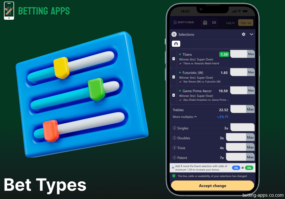 Bet types available in the Betvibe mobile app in India