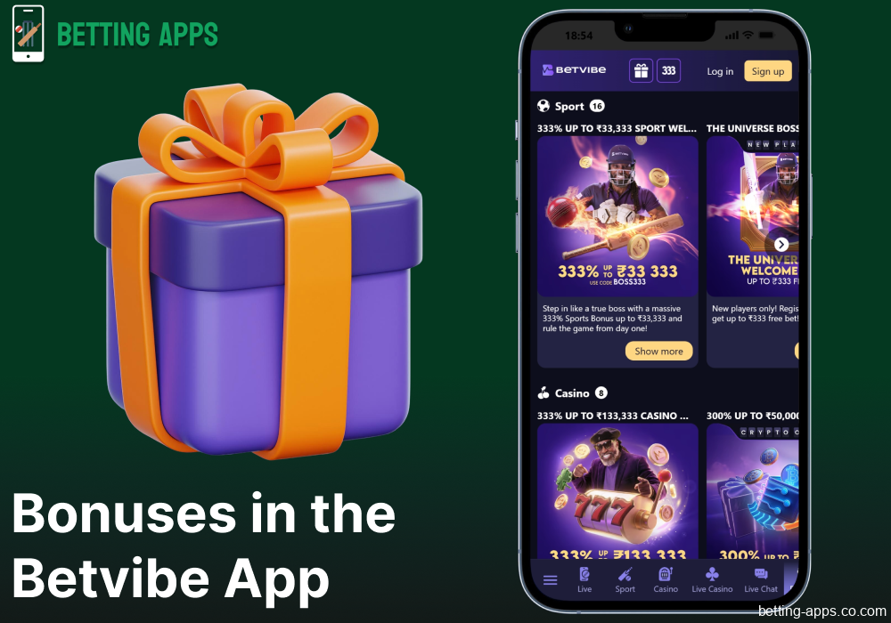 Bonuses and promortions available in the Betvibe app in India