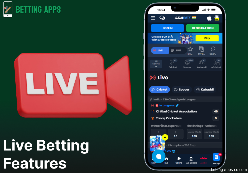 Live betting options available on 4rabet app in India