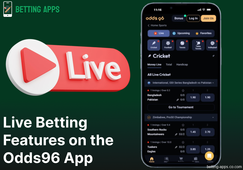 Live betting options available on the Odds96 app in India