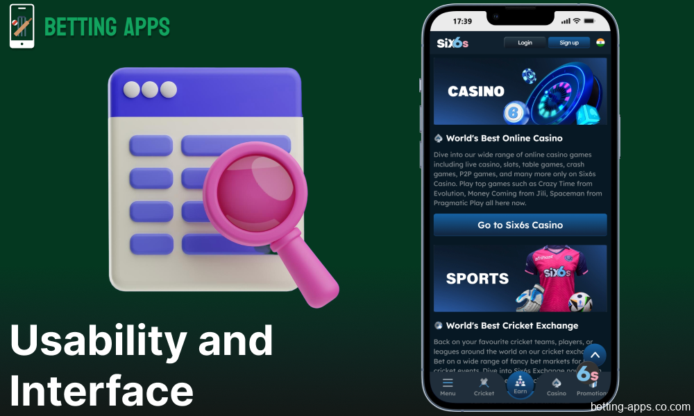 Six6s mobile app interface and usability for Indian bettors
