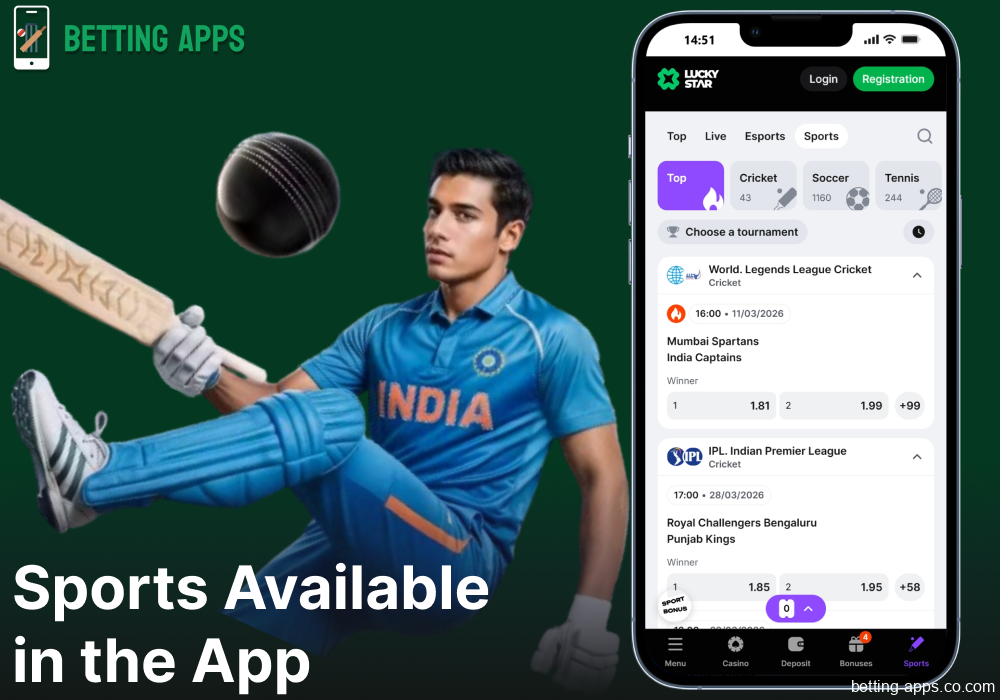 Sports betting options available on the Lucky Star mobile app